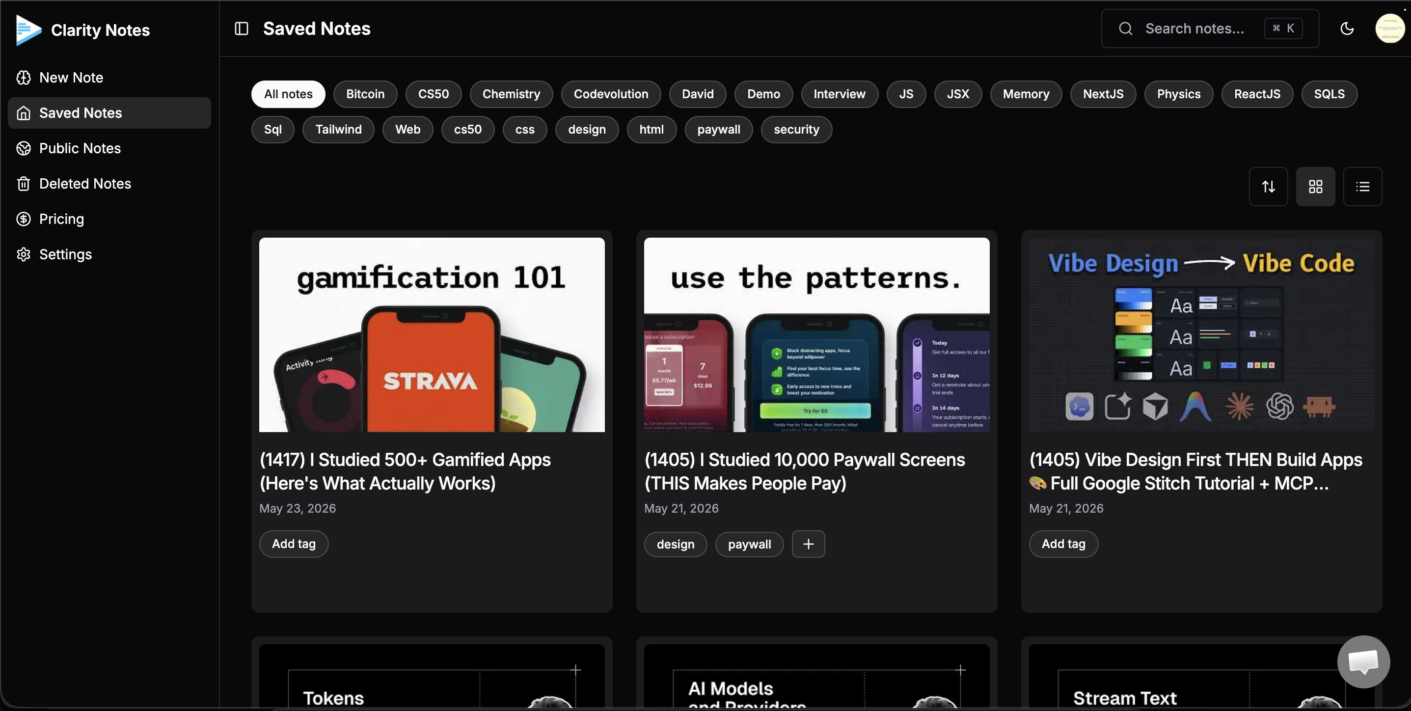 Clarity Notes saved notes dashboard