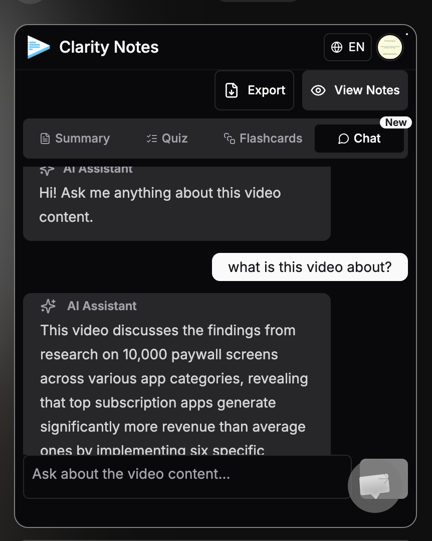 Clarity Notes extension chat with video notes