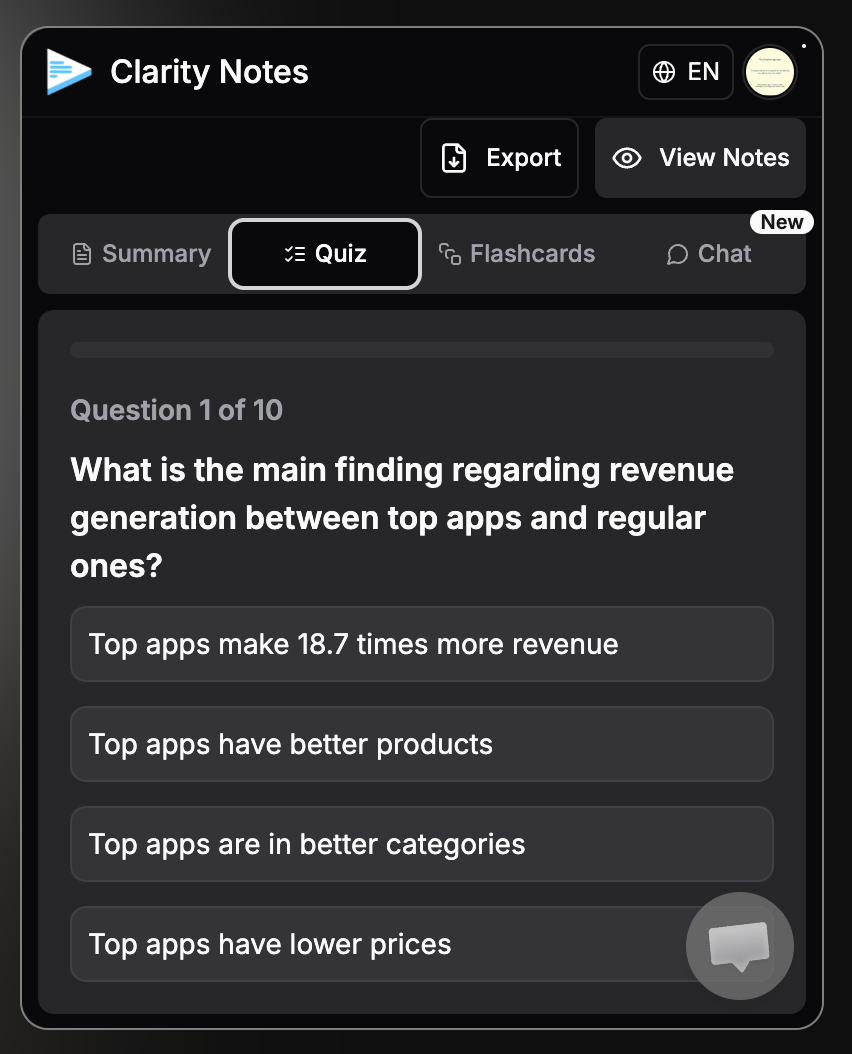 Clarity Notes extension quiz tab