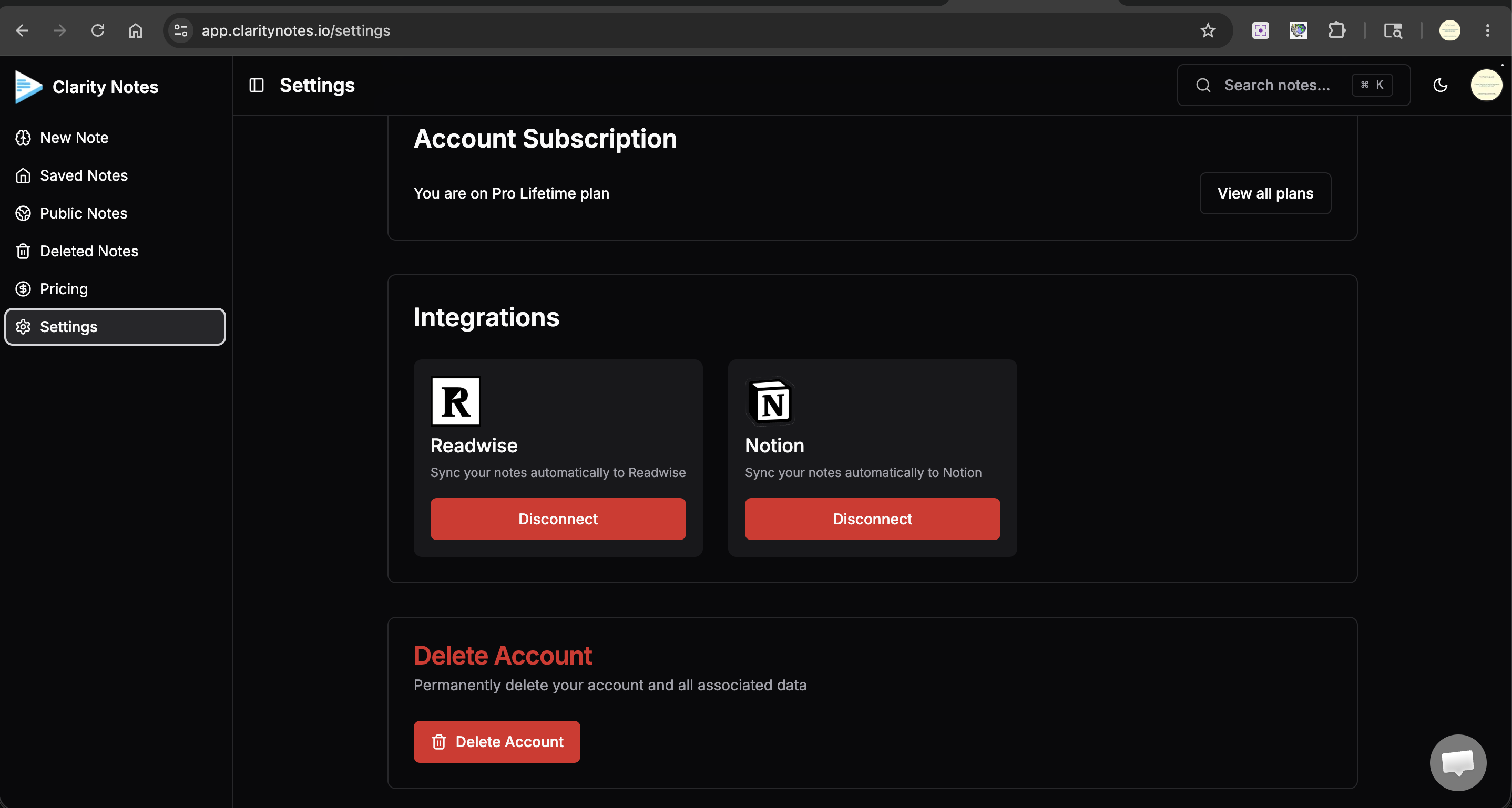 Clarity Notes settings page with Readwise and Notion integrations